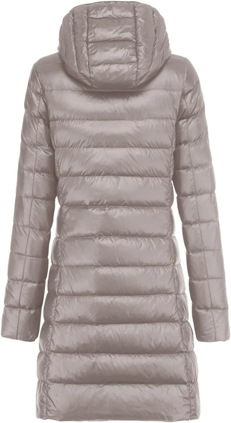 Women's Packable Puffer Coat Lightweight Warm Long Sleeve Down Jacket with Removable Hood Winter Casual Going Out Coats