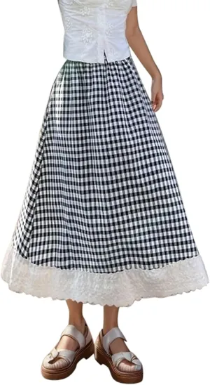 Women's Plaid Checkered A-Line Skirt Elastic Waist Lace Trim Flowy Midi Casual Office Summer Chic Vintage Style