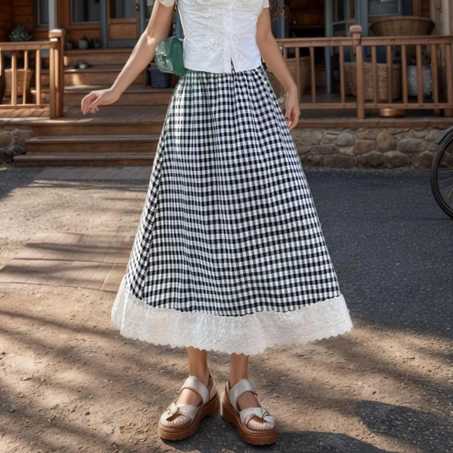 Women's Plaid Checkered A-Line Skirt Elastic Waist Lace Trim Flowy Midi Casual Office Summer Chic Vintage Style