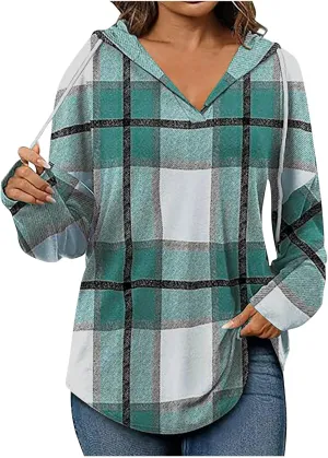 Womens Plaid Flannel Hoodie Trendy V Neck Color Block Sweatshirts Plus Size Loose Fit Casual Y2K Athletic Jacket Coat