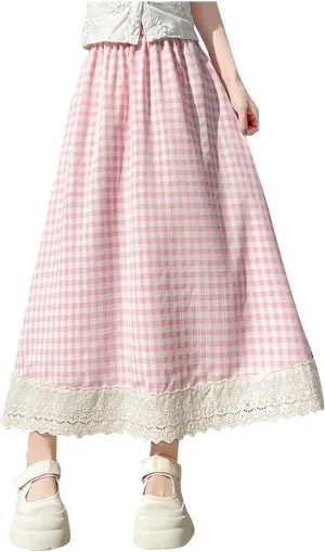 Women's Plaid Midi Skirt Summer Fashion Lace Trim Eyelet Patchwork Skirts Casual Loose Fit Tiered Layer A Line Skirt