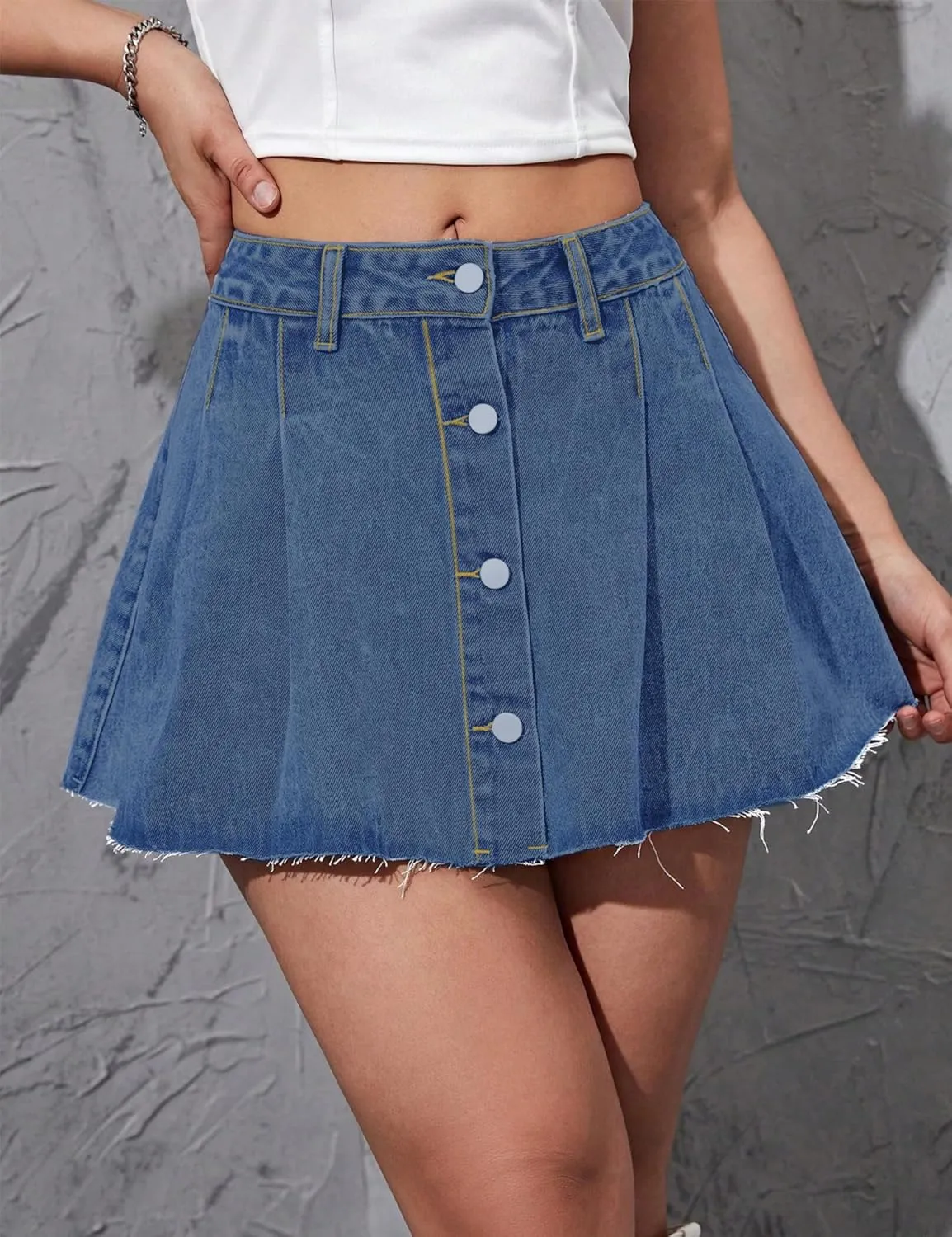 Womens Pleated Denim Skirts High Waisted A Line Mini Denim Jean Skirt