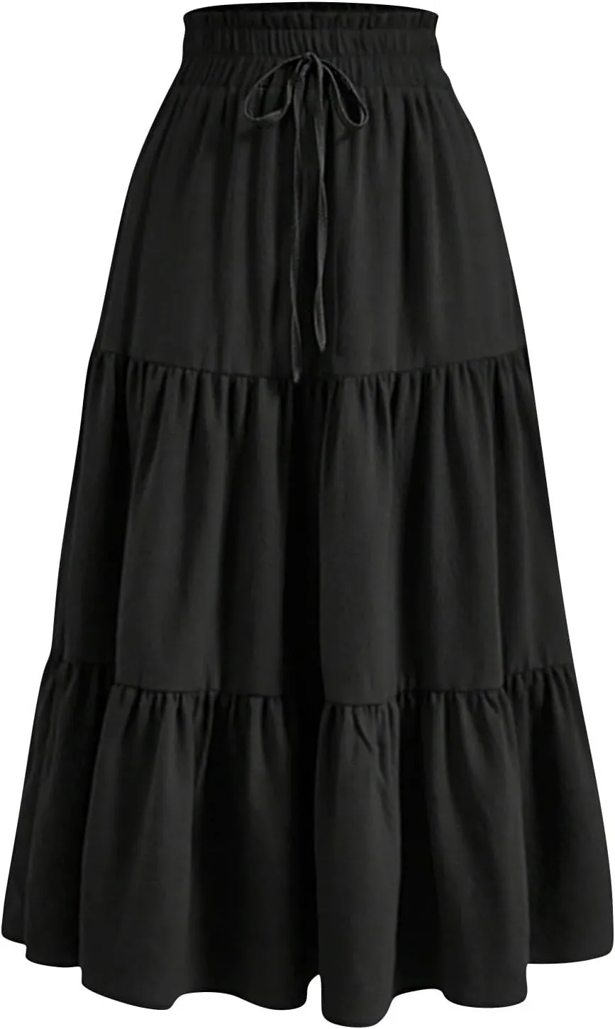 Women's Pleated Skirts Summer Casual Loose Trendy Elastic Waist Floral Print Bohemian Sun A-Line Maxi Skirt, S-XL