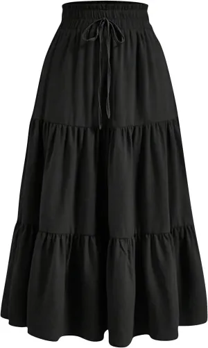 Women's Pleated Skirts Summer Casual Loose Trendy Elastic Waist Floral Print Bohemian Sun A-Line Maxi Skirt, S-XL