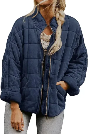 Womens Quilted Jackets Zip Up Puffer Jackets Lightweight Down Coats Casual Long Sleeve Winter Coats with Pockets