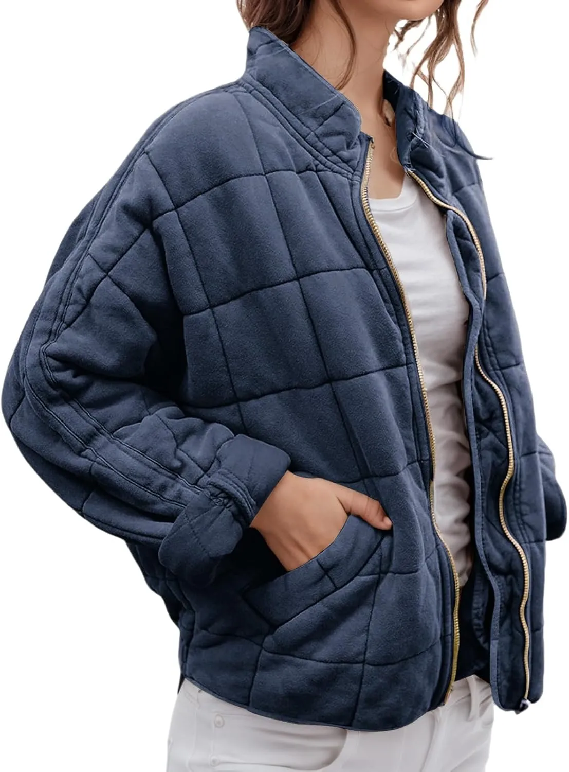 Womens Quilted Jackets Zip Up Puffer Jackets Lightweight Down Coats Casual Long Sleeve Winter Coats with Pockets
