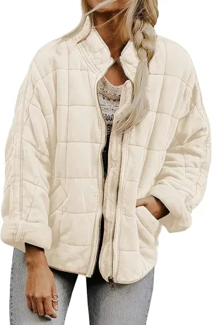 Womens Quilted Jackets Zip Up Puffer Jackets Lightweight Down Coats Casual Long Sleeve Winter Coats with Pockets