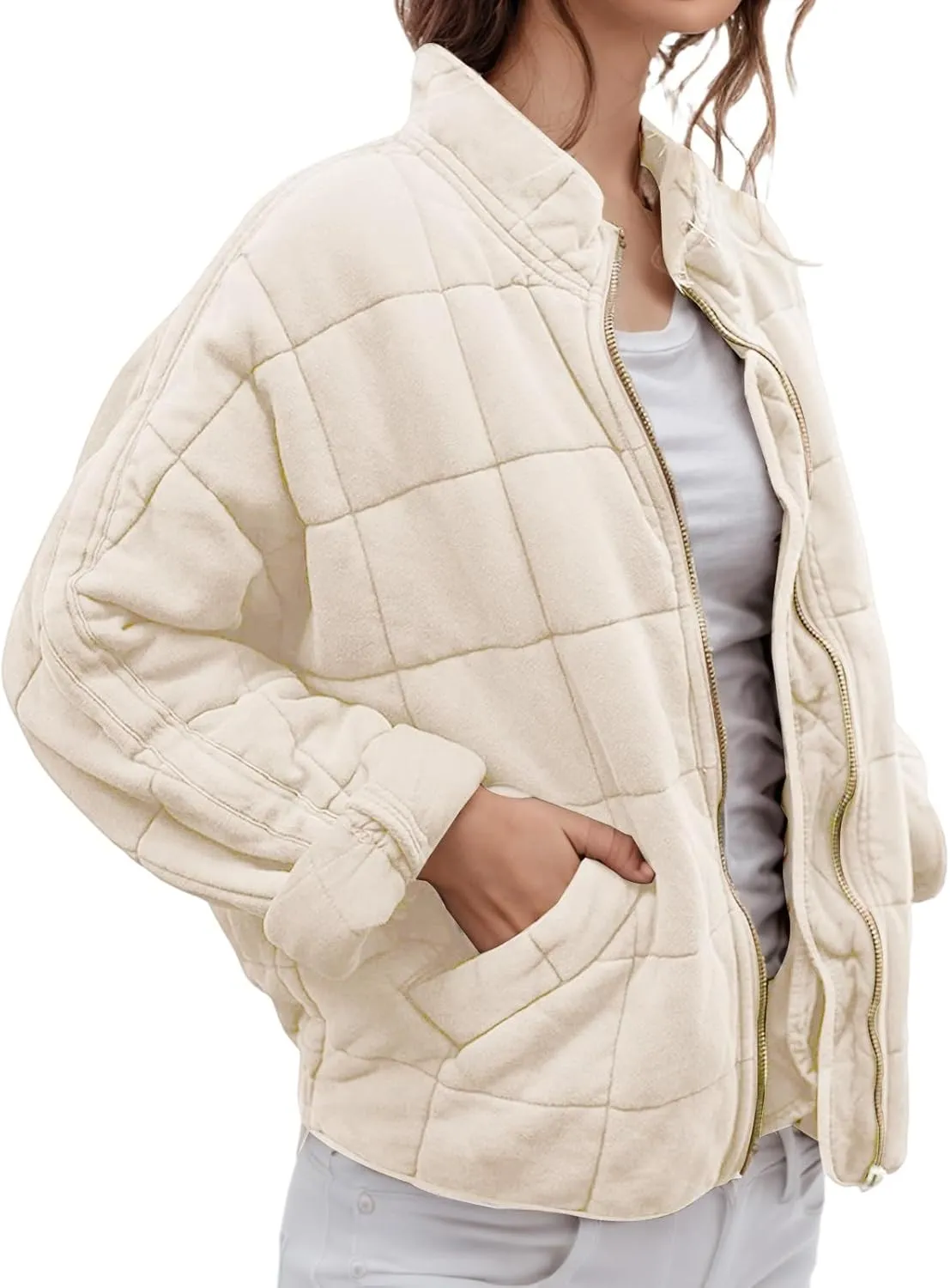 Womens Quilted Jackets Zip Up Puffer Jackets Lightweight Down Coats Casual Long Sleeve Winter Coats with Pockets