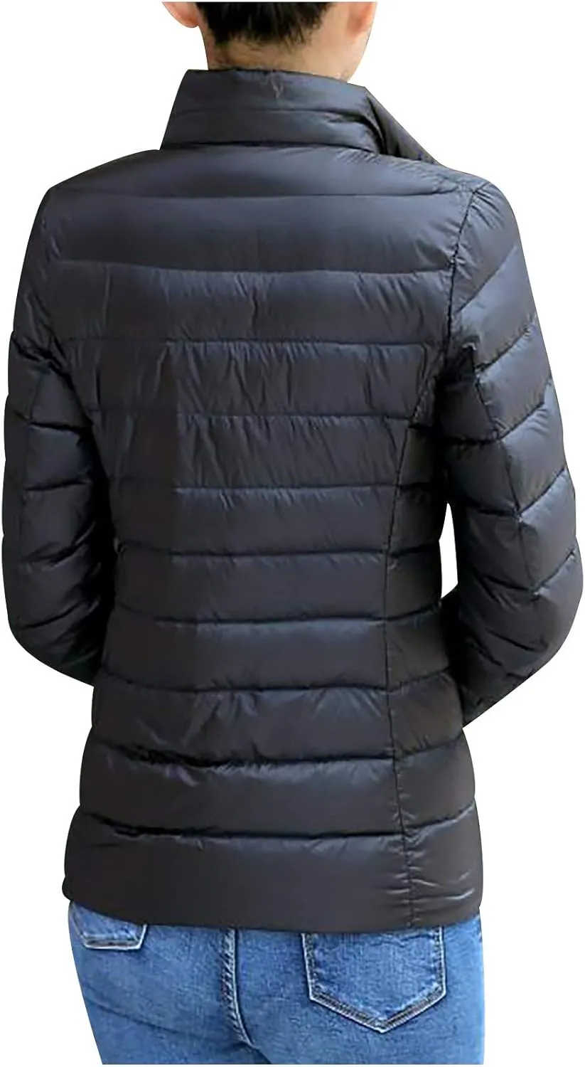 Women's Quilted Lightweight Jackets Long Sleeve Zip Stand Collar Puffer Jackets Fashion Windproof Padded Down Coats