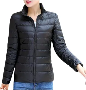 Women's Quilted Lightweight Jackets Long Sleeve Zip Stand Collar Puffer Jackets Fashion Windproof Padded Down Coats