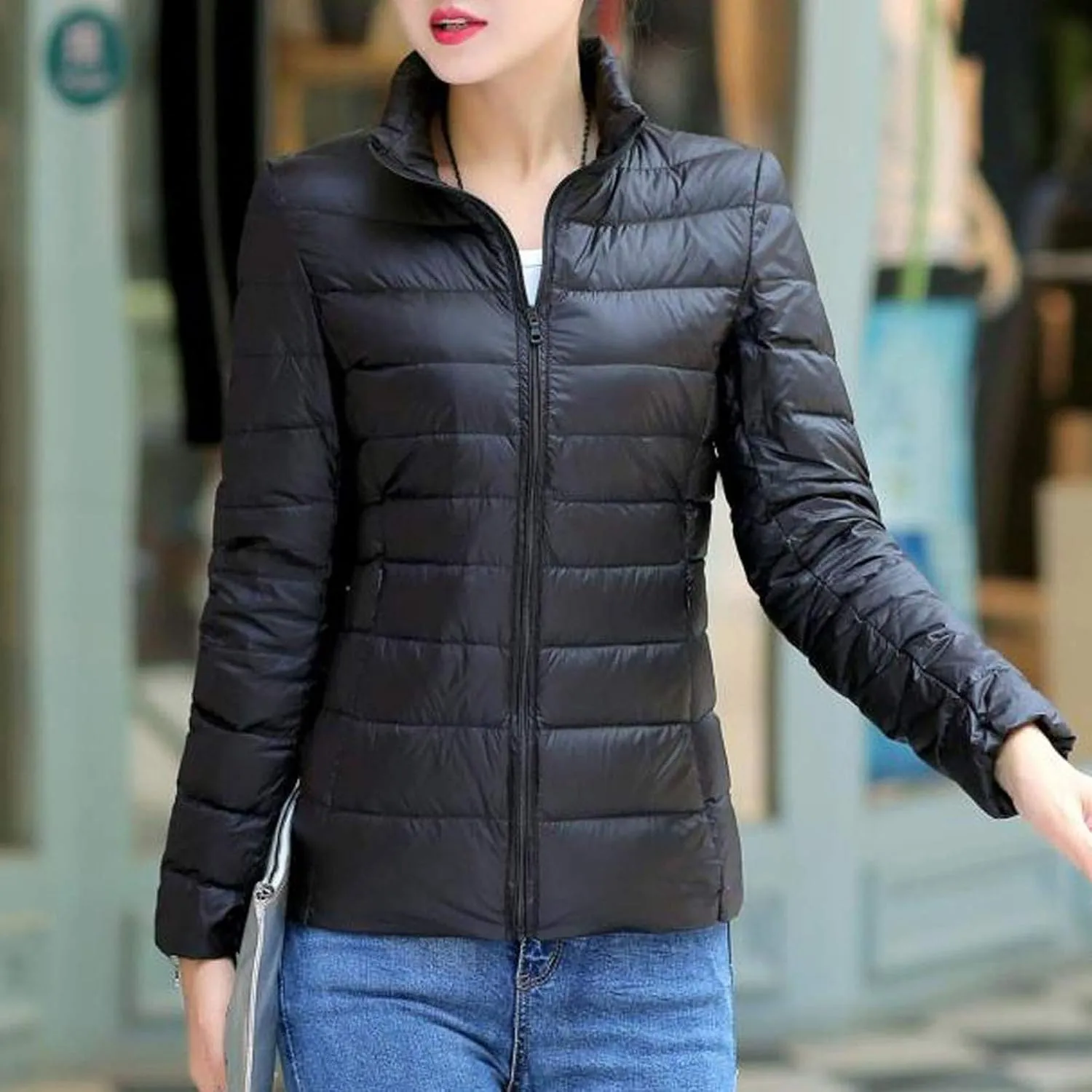 Women's Quilted Lightweight Jackets Long Sleeve Zip Stand Collar Puffer Jackets Fashion Windproof Padded Down Coats