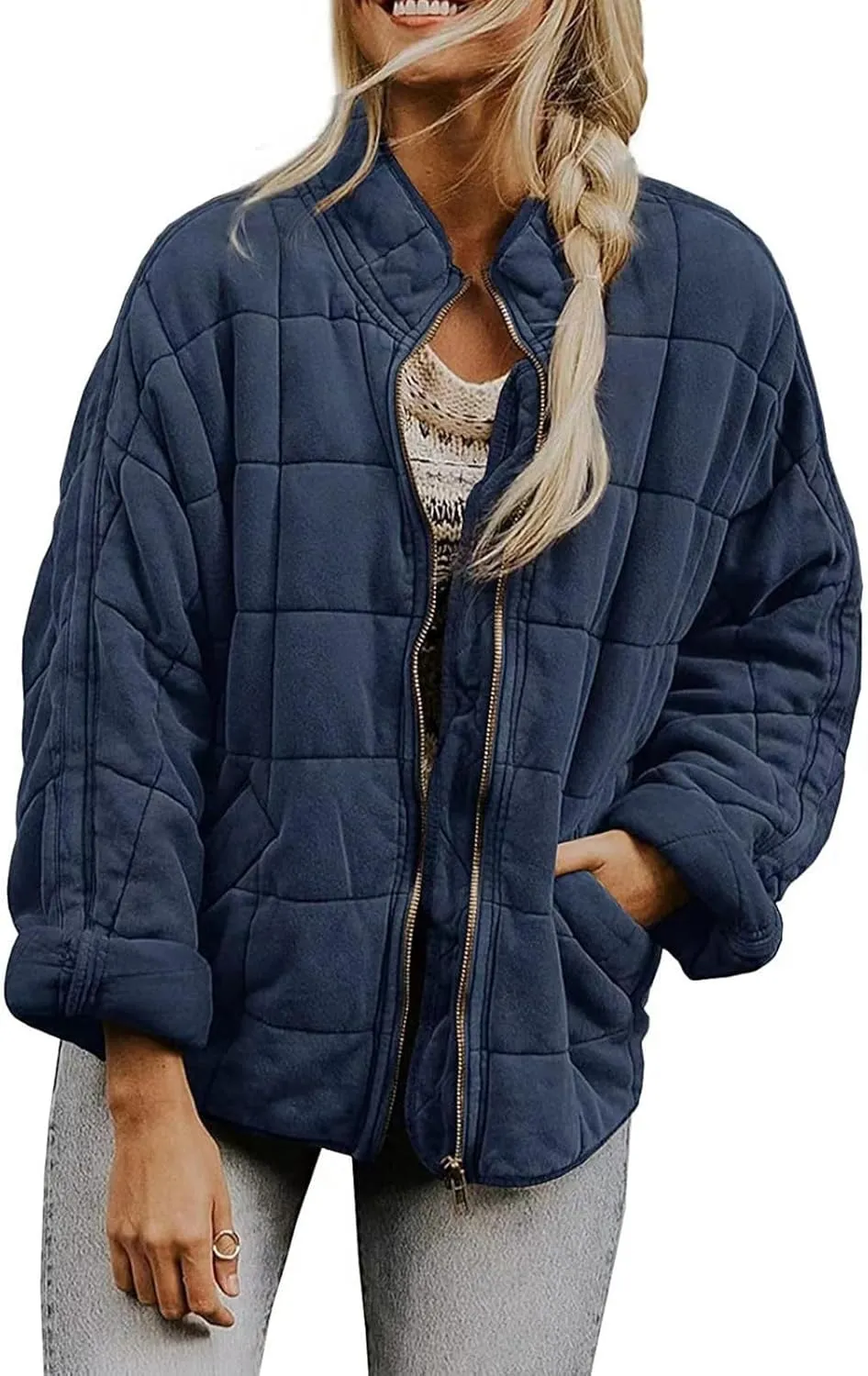 Womens Quilted Puffer Jackets Lightweight Dolman Sleeve Down Coats Zipper Padded Bomber Jackets Outwear with Pocket