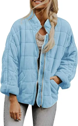 Womens Quilted Puffer Jackets Lightweight Dolman Sleeve Down Coats Zipper Padded Bomber Jackets Outwear with Pocket