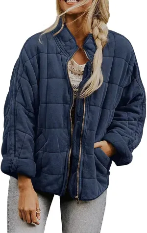 Womens Quilted Puffer Jackets Lightweight Dolman Sleeve Down Coats Zipper Padded Bomber Jackets Outwear with Pocket