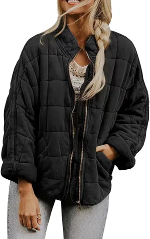 Womens Quilted Puffer Jackets Lightweight Dolman Sleeve Down Coats Zipper Padded Bomber Jackets Outwear with Pocket