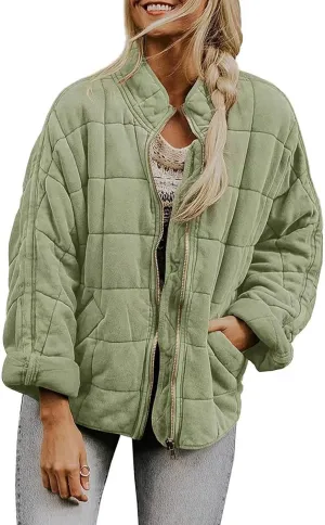 Womens Quilted Puffer Jackets Lightweight Dolman Sleeve Down Coats Zipper Padded Bomber Jackets Outwear with Pocket