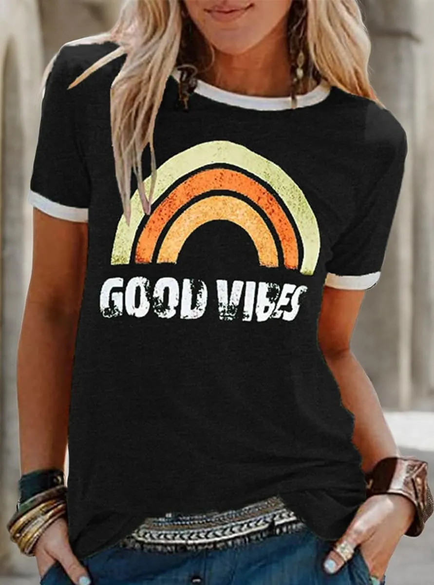 Womens Rainbow Graphic T-Shirts Summer Short Sleeve Crew Neck Blouse Vintage Graphic Tee Tops