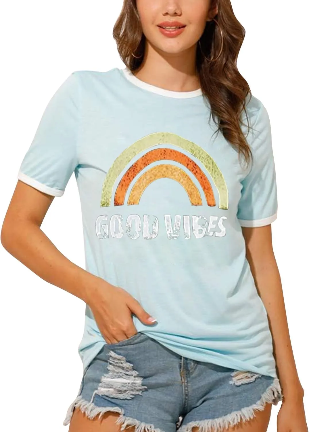 Womens Rainbow Graphic T-Shirts Summer Short Sleeve Crew Neck Blouse Vintage Graphic Tee Tops