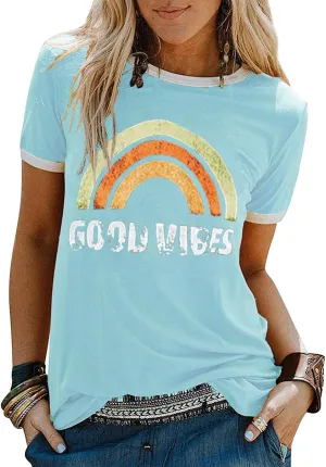 Womens Rainbow Graphic T-Shirts Summer Short Sleeve Crew Neck Blouse Vintage Graphic Tee Tops