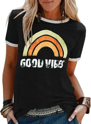 Womens Rainbow Graphic T-Shirts Summer Short Sleeve Crew Neck Blouse Vintage Graphic Tee Tops