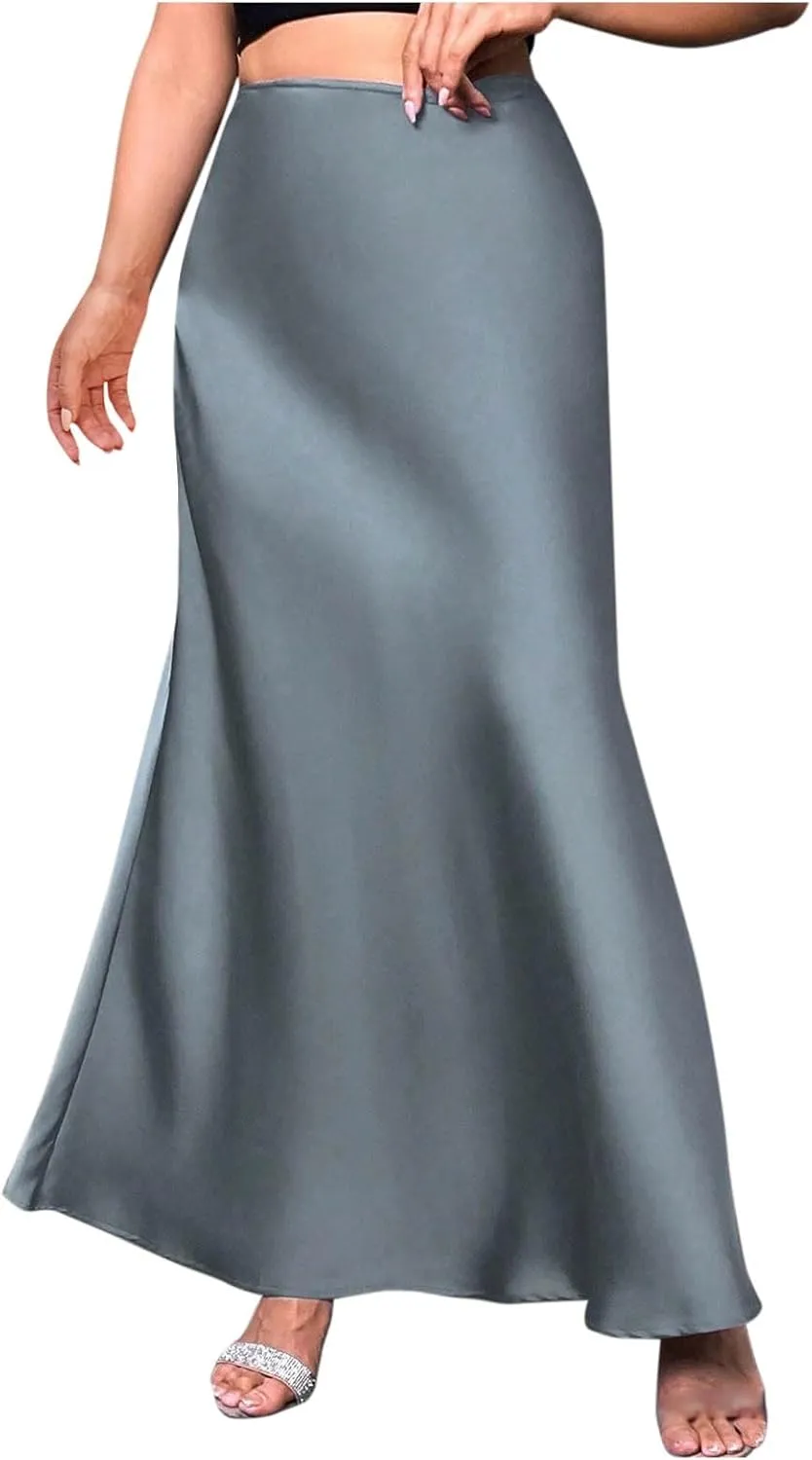 Women's Satin High Waisted Maxi Skirts Elegant Solid Color A Line Long Skirt Soft Work Office Half Dress