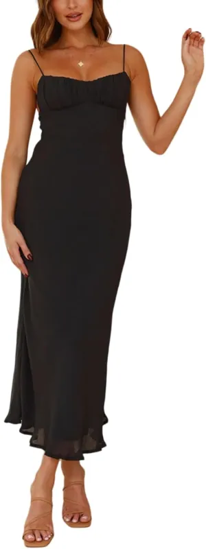 Women's Sexy Backless Maxi Dress Spaghetti Straps Sleeveless Elegant Long Formal Cocktail Party Dresses