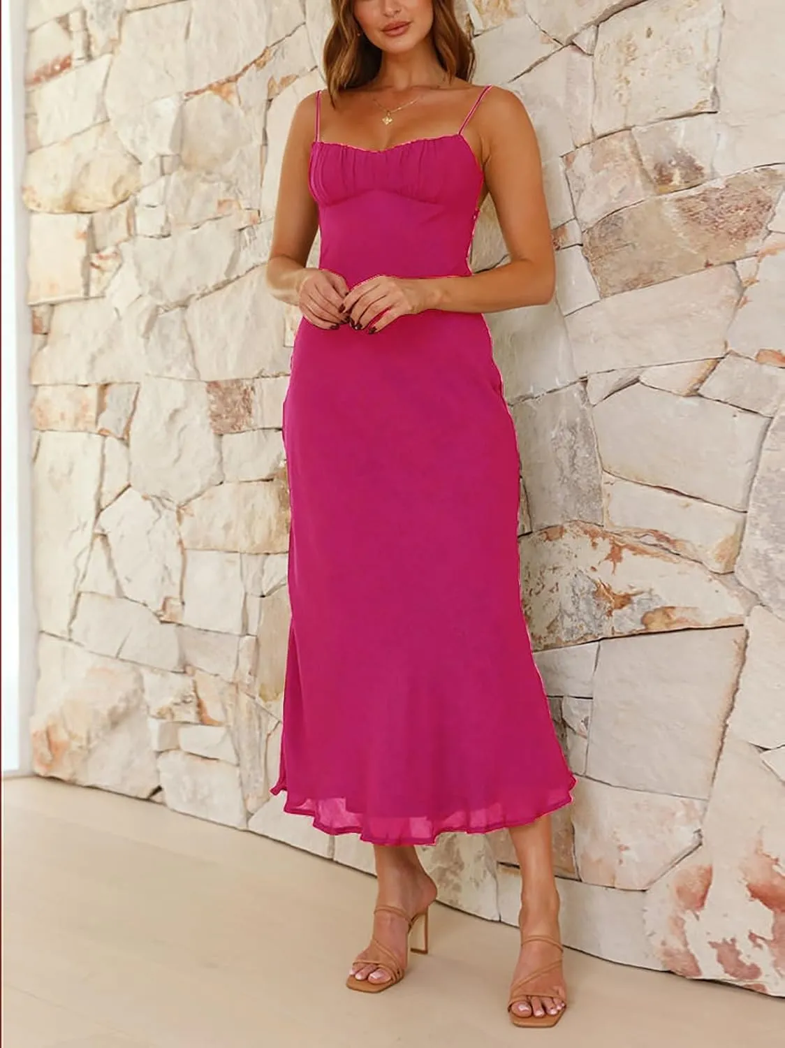 Women's Sexy Backless Maxi Dress Spaghetti Straps Sleeveless Elegant Long Formal Cocktail Party Dresses