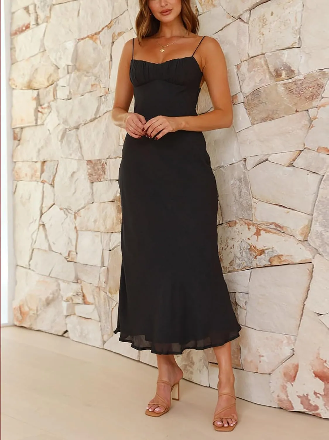 Women's Sexy Backless Maxi Dress Spaghetti Straps Sleeveless Elegant Long Formal Cocktail Party Dresses