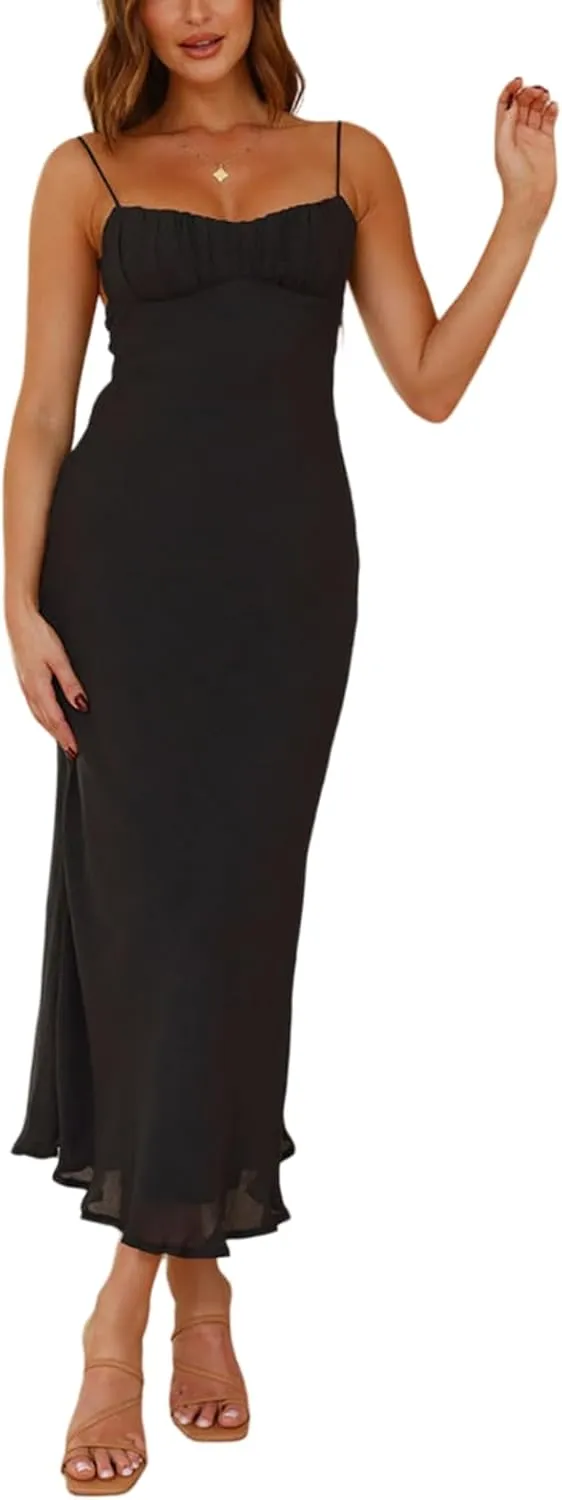 Women's Sexy Backless Maxi Dress Spaghetti Straps Sleeveless Elegant Long Formal Cocktail Party Dresses