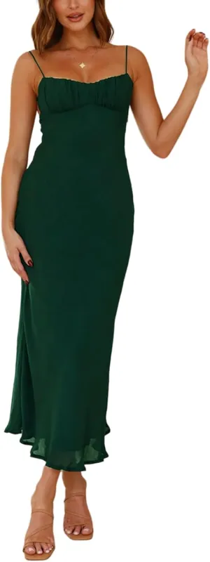 Women's Sexy Backless Maxi Dress Spaghetti Straps Sleeveless Elegant Long Formal Cocktail Party Dresses