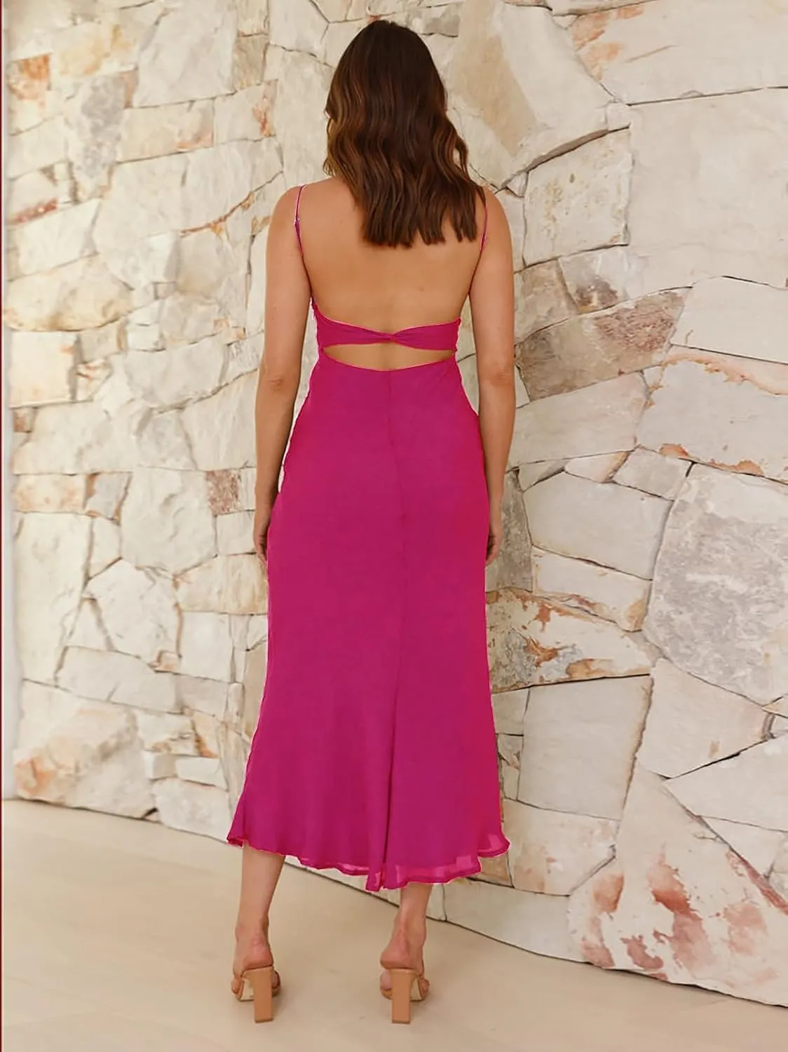 Women's Sexy Backless Maxi Dress Spaghetti Straps Sleeveless Elegant Long Formal Cocktail Party Dresses