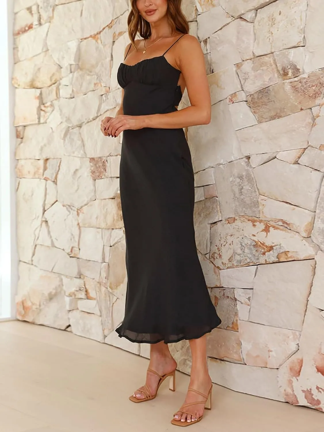 Women's Sexy Backless Maxi Dress Spaghetti Straps Sleeveless Elegant Long Formal Cocktail Party Dresses