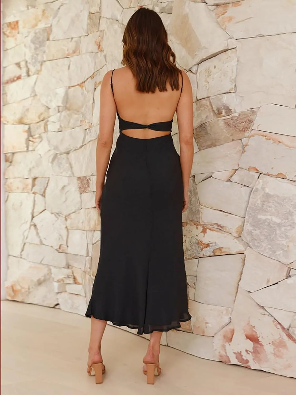 Women's Sexy Backless Maxi Dress Spaghetti Straps Sleeveless Elegant Long Formal Cocktail Party Dresses