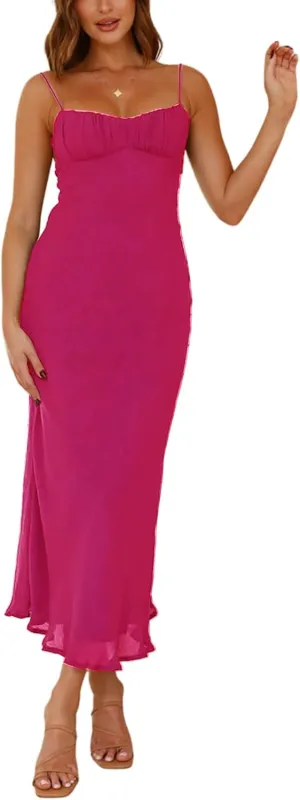 Women's Sexy Backless Maxi Dress Spaghetti Straps Sleeveless Elegant Long Formal Cocktail Party Dresses