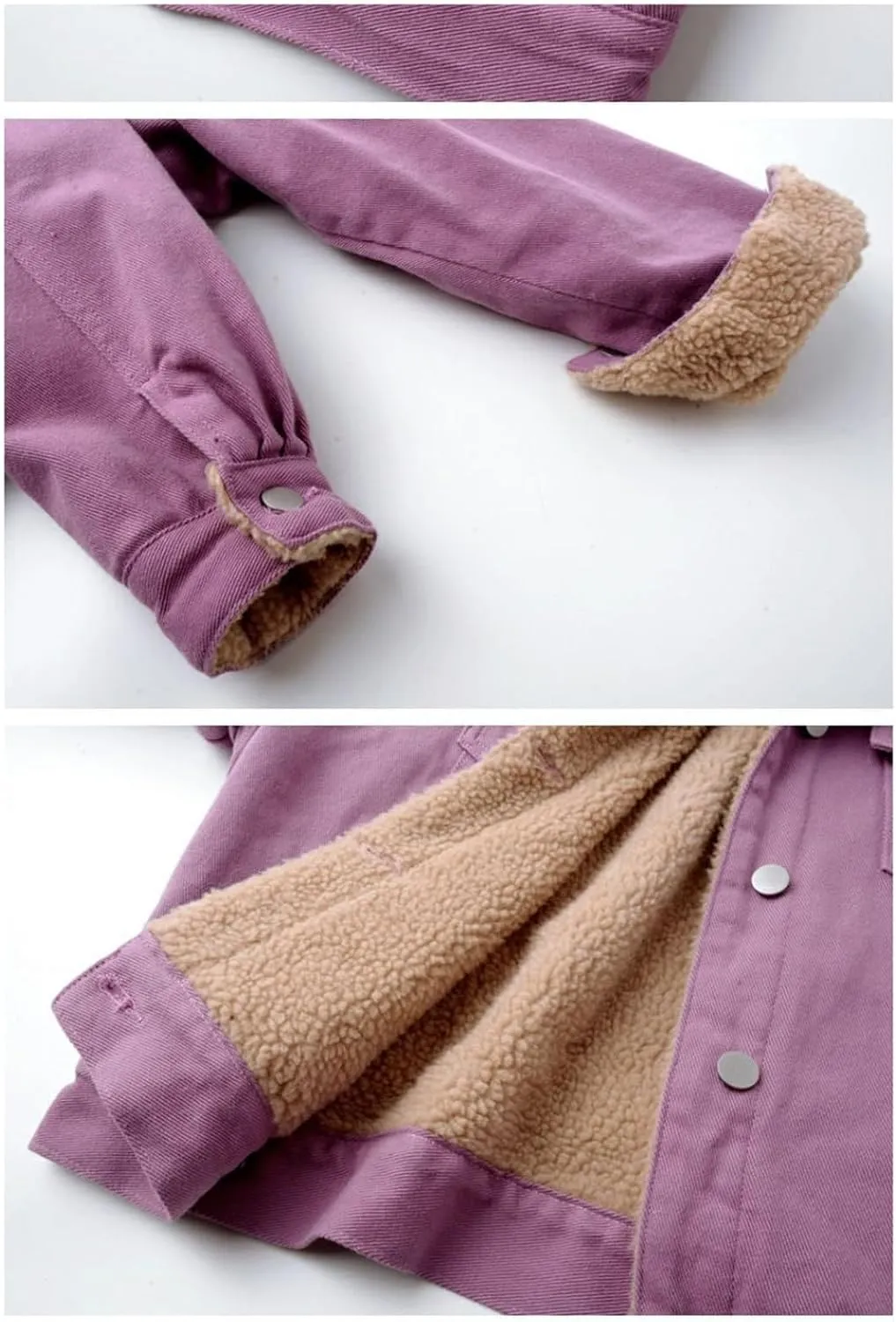Womens Sherpa Lined Denim Jackets Long Sleeve Button Down Jean Coat Winter Warm Loose Fit Solid Color Furry Jackets