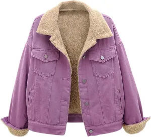 Womens Sherpa Lined Denim Jackets Long Sleeve Button Down Jean Coat Winter Warm Loose Fit Solid Color Furry Jackets