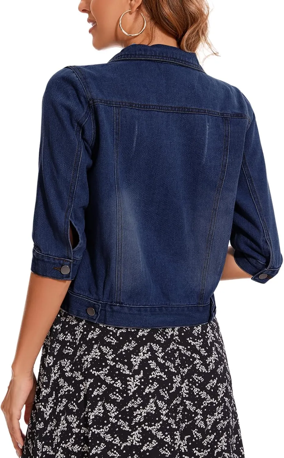 Women's Short Denim Jacket 2025 Lapel Stretch Jean Coat Button Trendy 3/4 Sleeve Cropped Denim Jackets