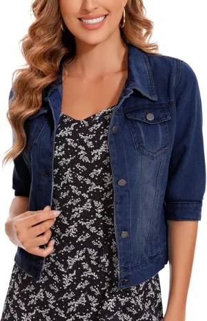 Women's Short Denim Jacket 2025 Lapel Stretch Jean Coat Button Trendy 3/4 Sleeve Cropped Denim Jackets