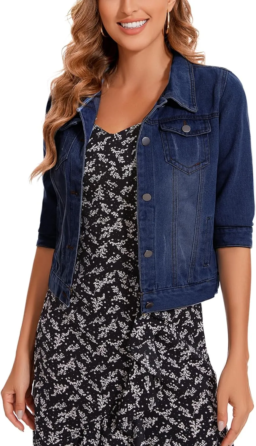 Women's Short Denim Jacket 2025 Lapel Stretch Jean Coat Button Trendy 3/4 Sleeve Cropped Denim Jackets