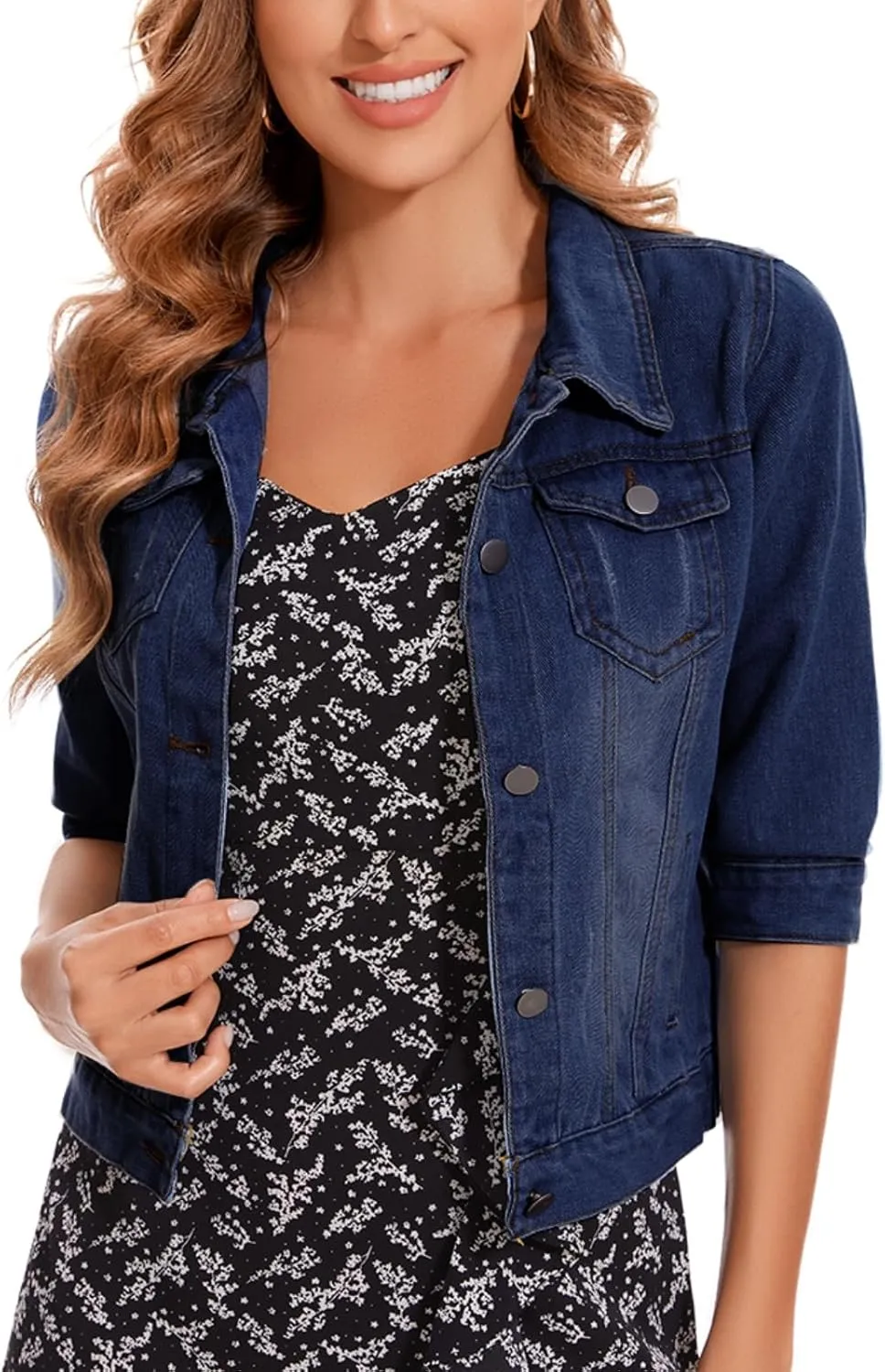Women's Short Denim Jacket 2025 Lapel Stretch Jean Coat Button Trendy 3/4 Sleeve Cropped Denim Jackets