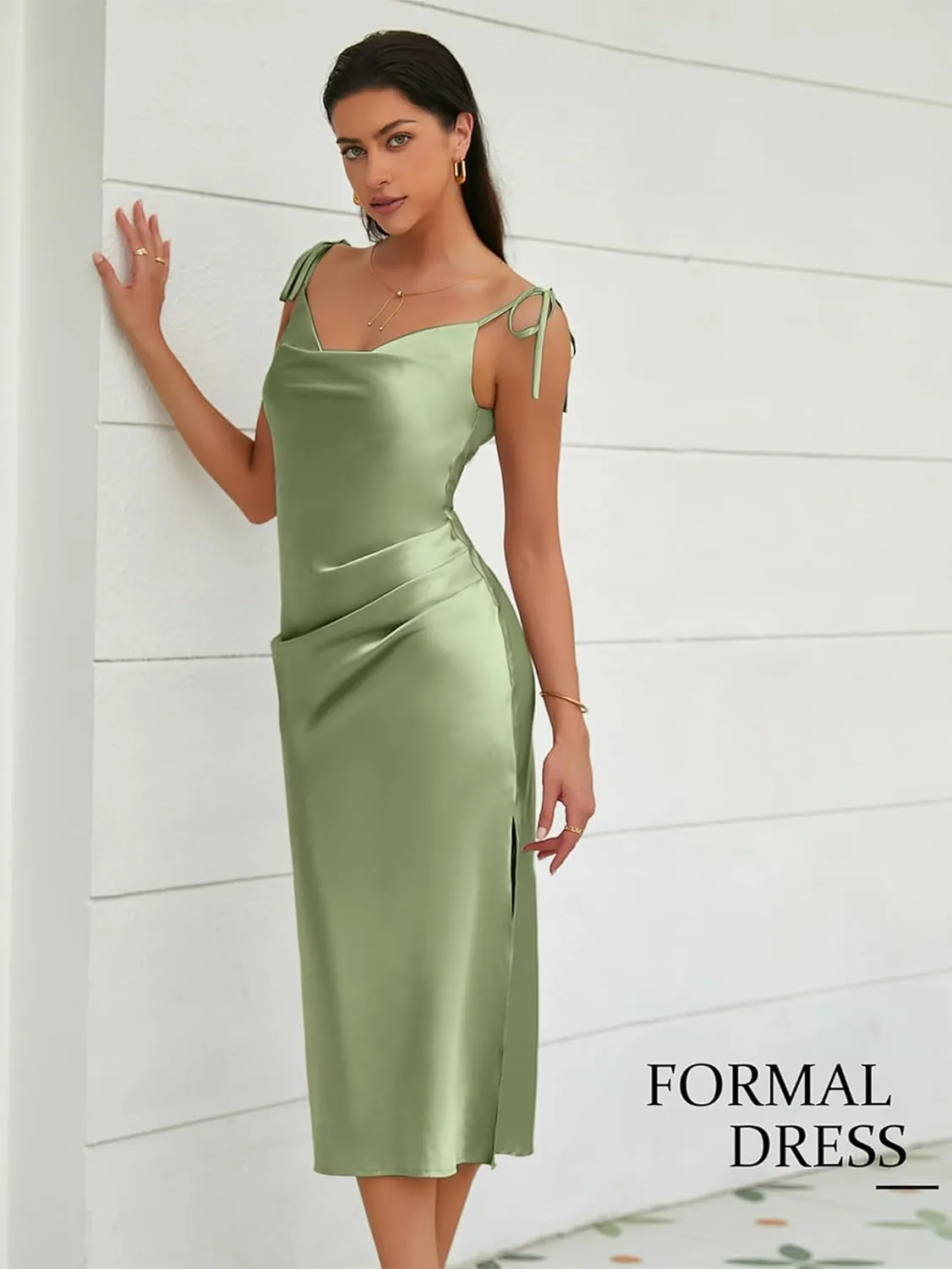 Women's Spaghetti Strap Midi Satin Slik Dress Cowl Neck Elegant Long Slip Ruched Evening Dress Party Cocktail