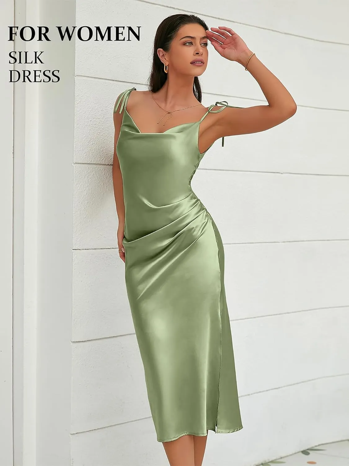 Women's Spaghetti Strap Midi Satin Slik Dress Cowl Neck Elegant Long Slip Ruched Evening Dress Party Cocktail