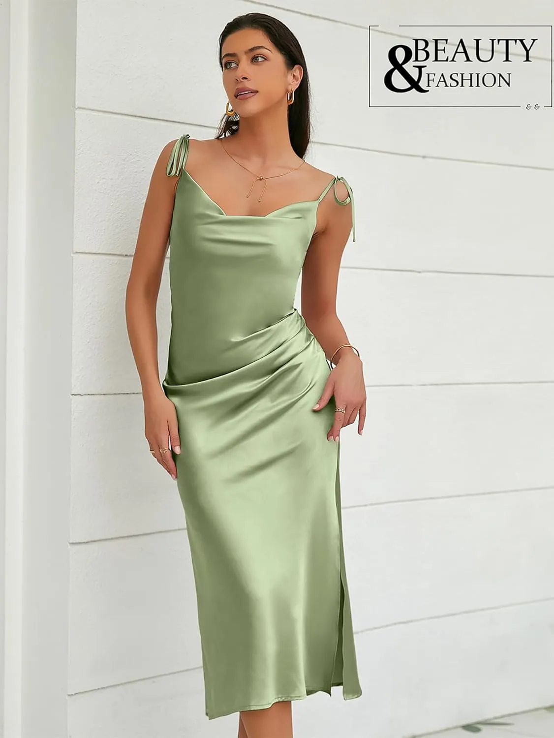Women's Spaghetti Strap Midi Satin Slik Dress Cowl Neck Elegant Long Slip Ruched Evening Dress Party Cocktail