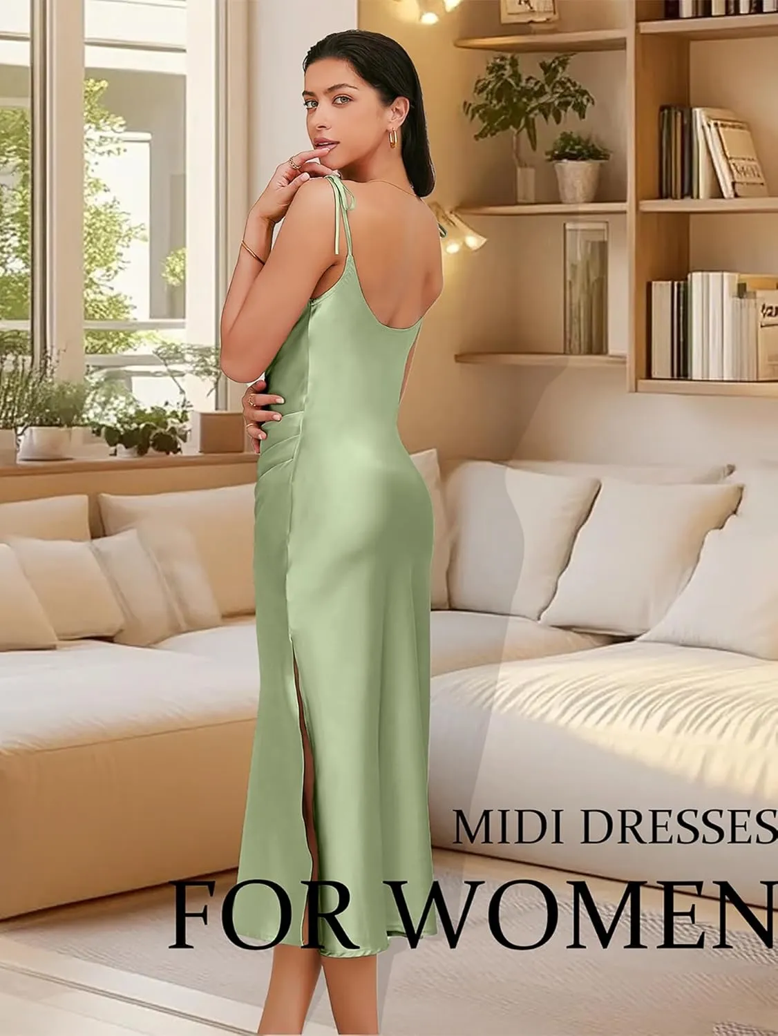 Women's Spaghetti Strap Midi Satin Slik Dress Cowl Neck Elegant Long Slip Ruched Evening Dress Party Cocktail