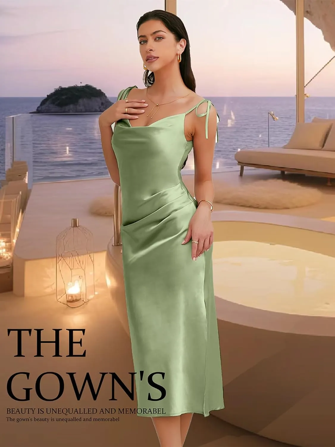 Women's Spaghetti Strap Midi Satin Slik Dress Cowl Neck Elegant Long Slip Ruched Evening Dress Party Cocktail