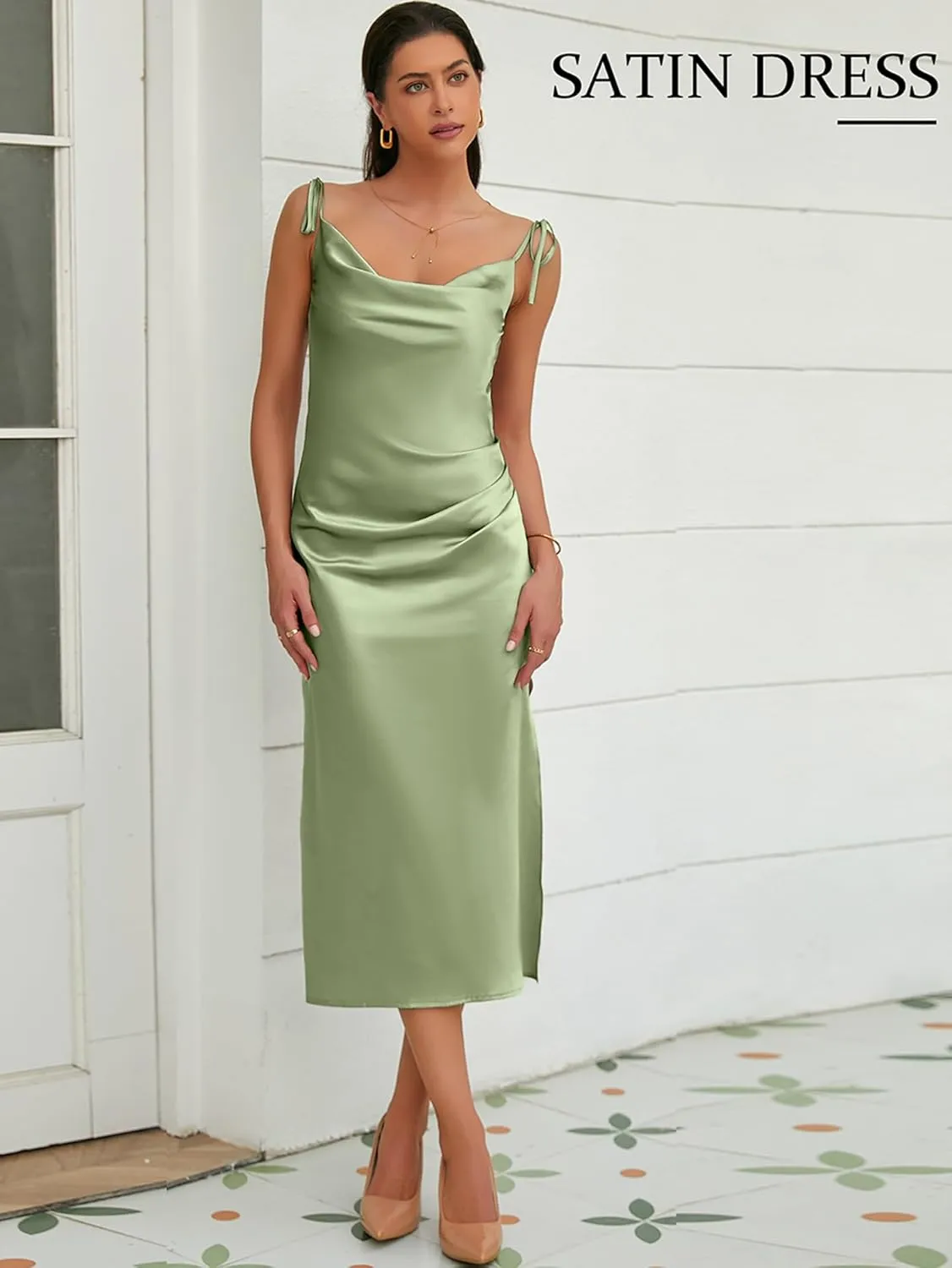 Women's Spaghetti Strap Midi Satin Slik Dress Cowl Neck Elegant Long Slip Ruched Evening Dress Party Cocktail