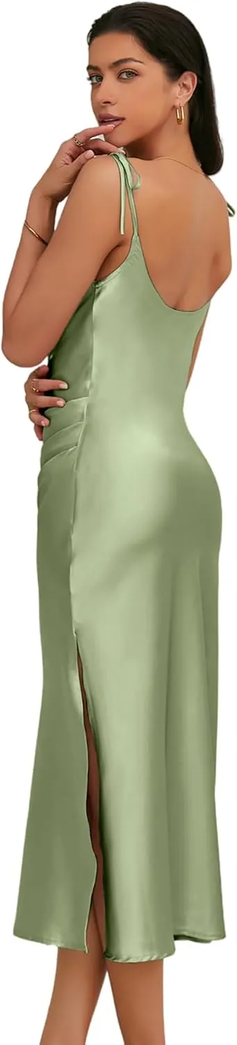 Women's Spaghetti Strap Midi Satin Slik Dress Cowl Neck Elegant Long Slip Ruched Evening Dress Party Cocktail