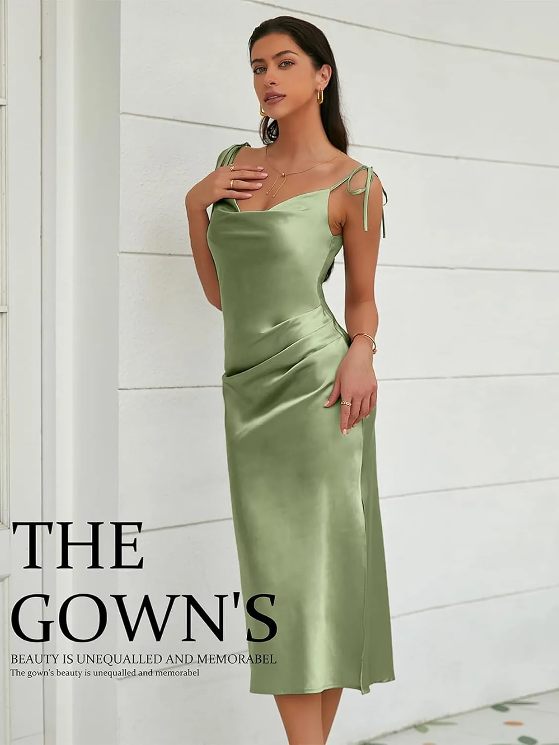 Women's Spaghetti Strap Midi Satin Slik Dress Cowl Neck Elegant Long Slip Ruched Evening Dress Party Cocktail