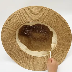 Womens Straw Fedora Beach Sun Hat Packable Wide Brim Panama Hat for Women UPF50  Summer Hat