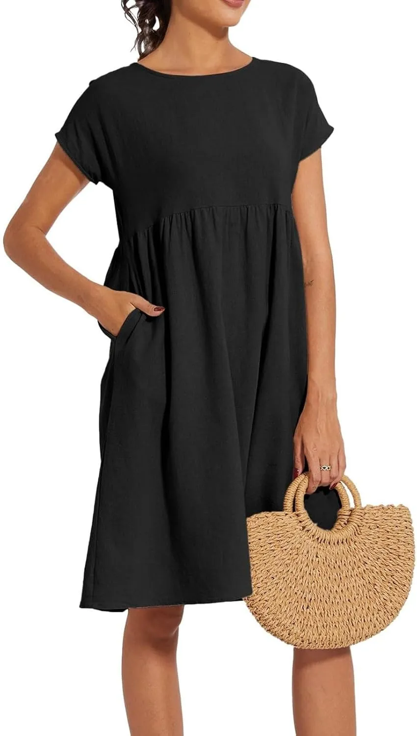 Women's Summer A-Line Dress Plus Size Crew Neck Casual Comfy Cotton Short Sleeve Dresses with Pockets Vacation Outfits